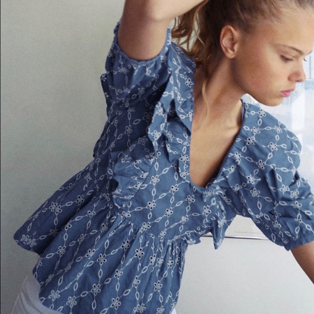 Blue Embroidered Zara Puff Sleeve Blouse